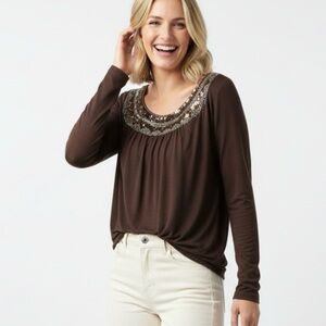 Venus Top Sequin Beaded Collar Brown Knit M Cocktail Party Chic Date Glam